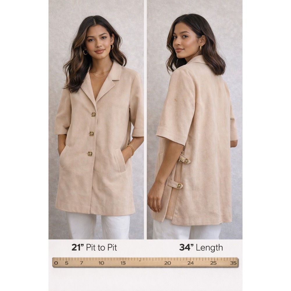 MJ Seattle Vintage Faux Suede Short‎ Sleeve Longline Jacket Beige Tan Medium